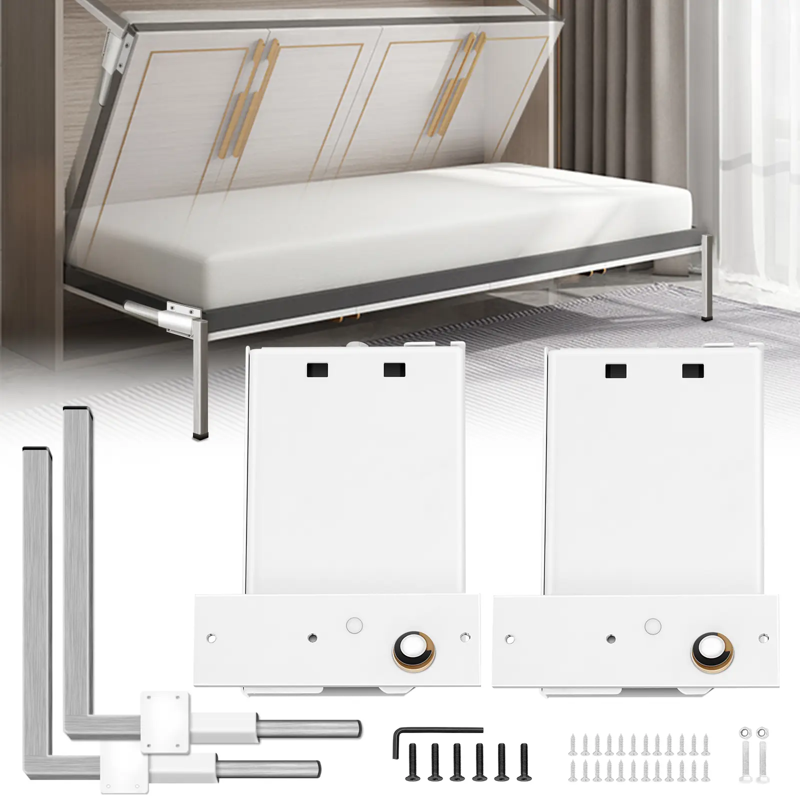 VEVOR Kit mécanisme montage mural ressort, charge 250 kg. Pour lit Murphy largeur 0,9-1,2 m, horizontal, blanc.