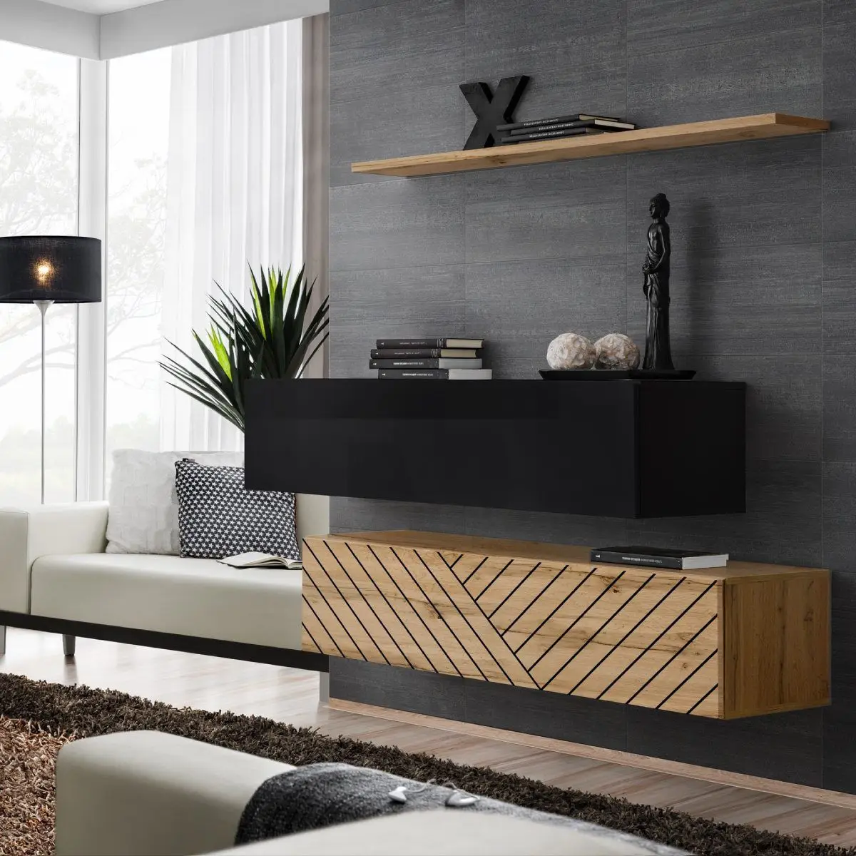 Lot de 2 Bancs Muraux & Étagère «Switch SBII» 130cm Naturel Rainuré & Noir