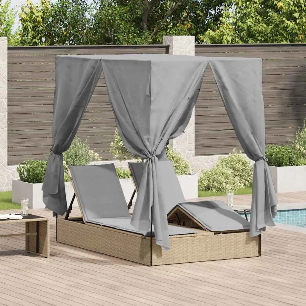Lit de Jardin Intimiste avec Toiture et Rideaux Résine Tressée Idéal pour Détente Duo Beige – ComfortXL Outdoor Living