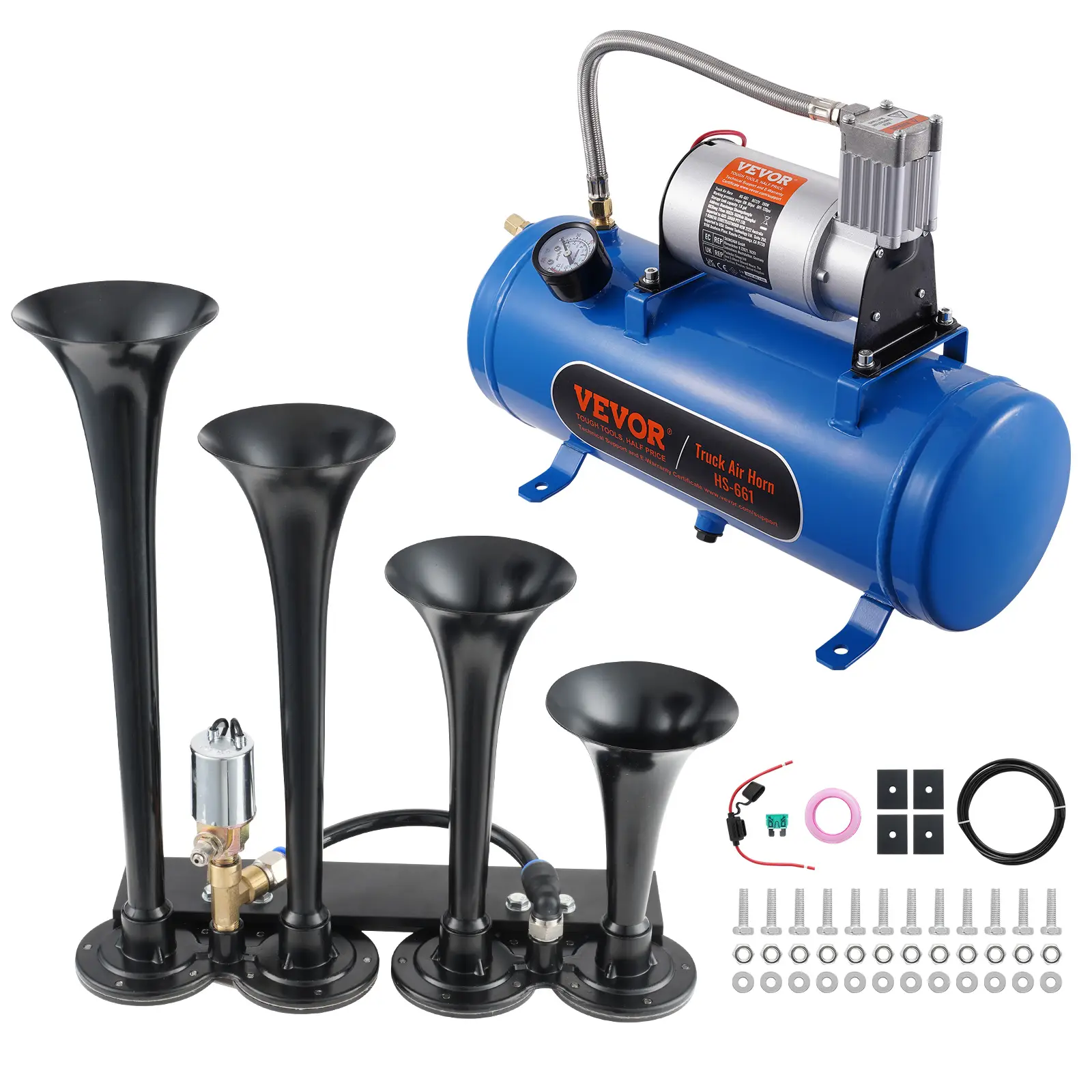 VEVOR Kit klaxon 4 trompettes 150dB, compresseur 90-120 psi, réservoir 6L, 12V, véhicules/trains.