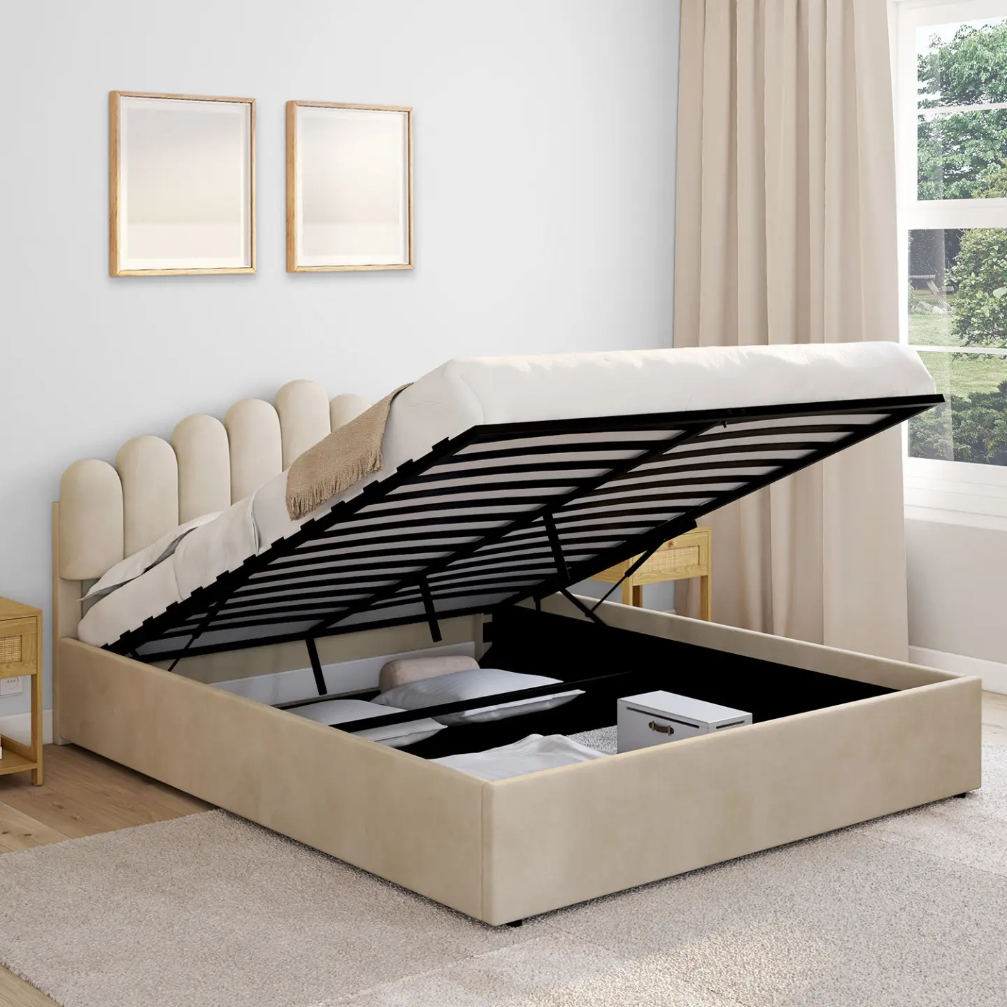 Lit coffre double NOELIE avec tête de lit et sommier 160 x 200 cm velours beige