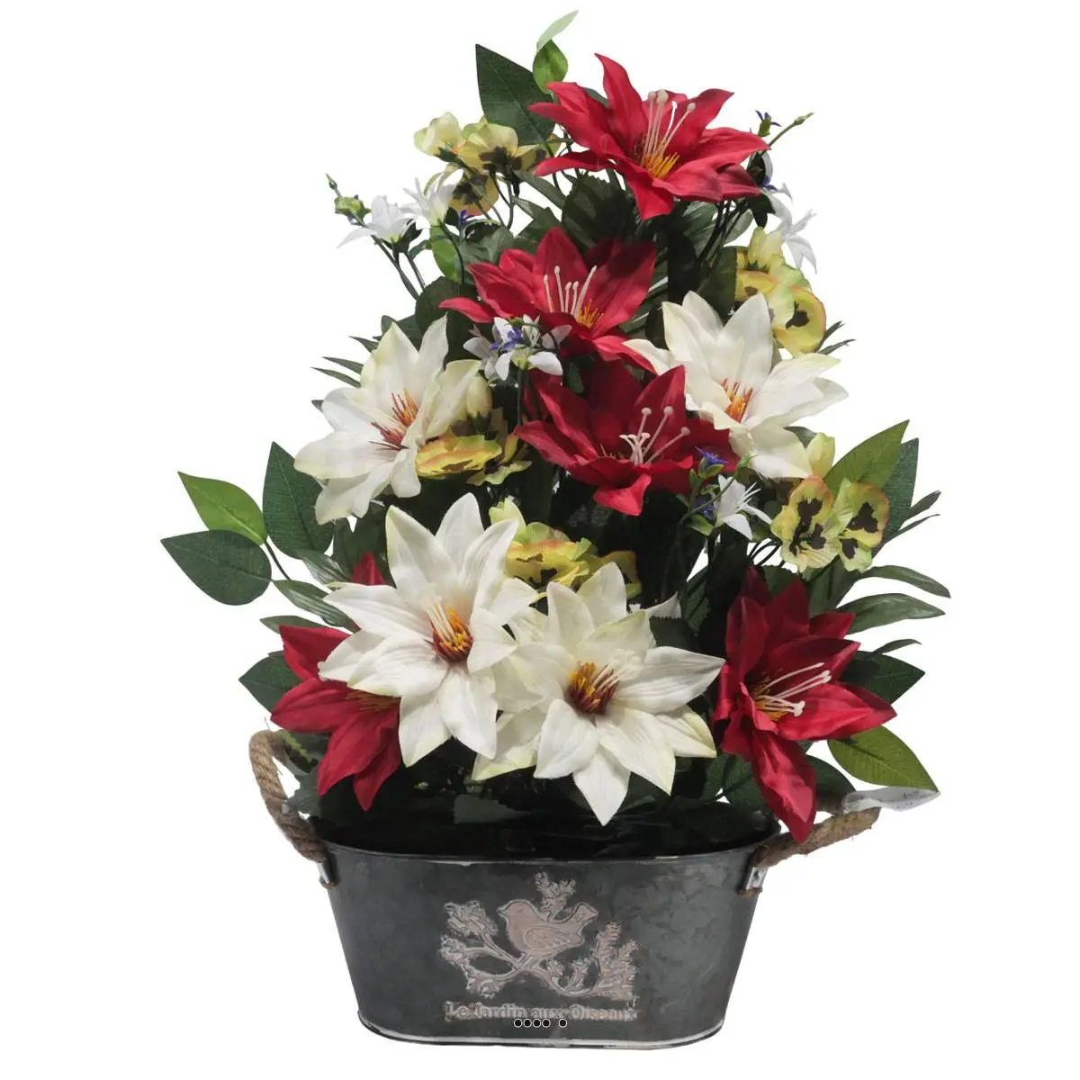 Jardinière Zinc dahlia, Rose, Mini fleurs, Pensée et Ficus Rouge artificiels pour la Toussaint – couleur: Rouge 755