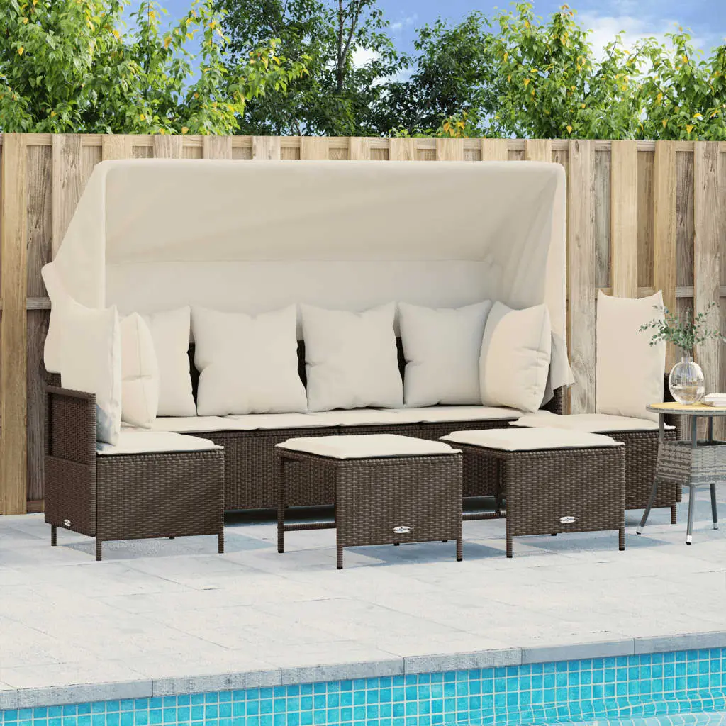 Lit de jardin modulable 5 pièces résine tressée avec auvent rétractable et dossier réglable Brun – ComfortXL Outdoor Living