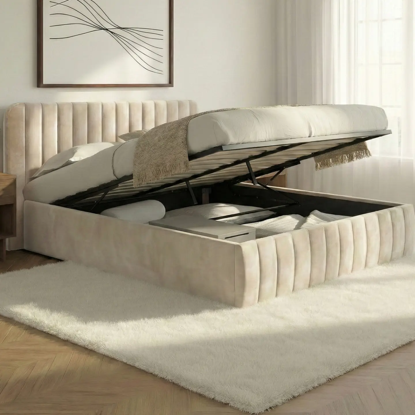 Lit coffre double ALBA avec tête de lit et sommier 140 x 190 cm velours beige