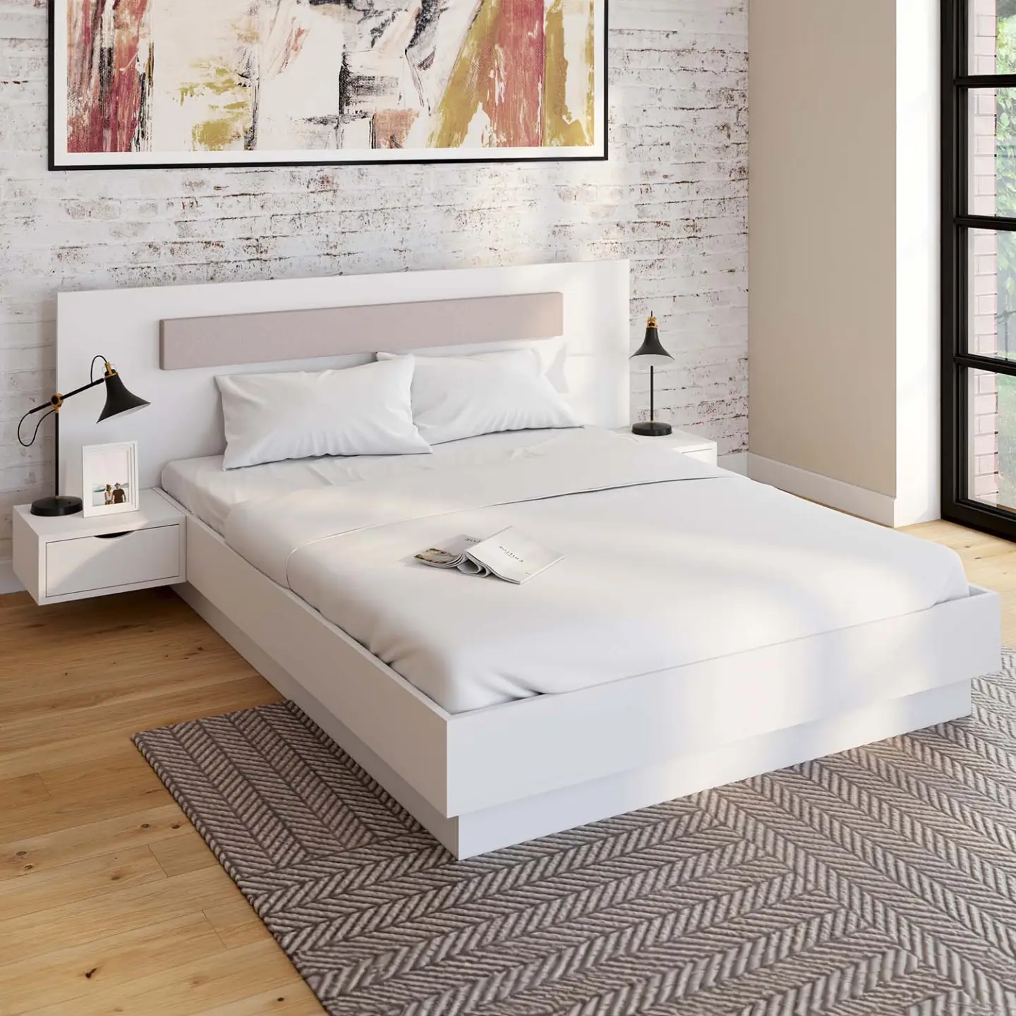 Lit double SANTA avec tête de lit + tables de chevet intégrées et sommier 140 x 190 cm blanc