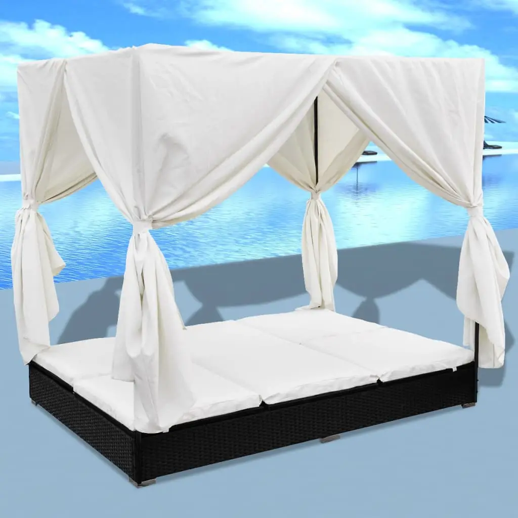 Lit à Baldaquin Extérieur Résine Tressée avec Rideaux Intimité et Dossiers Ajustables Style Luxe Noir – ComfortXL Outdoor Living