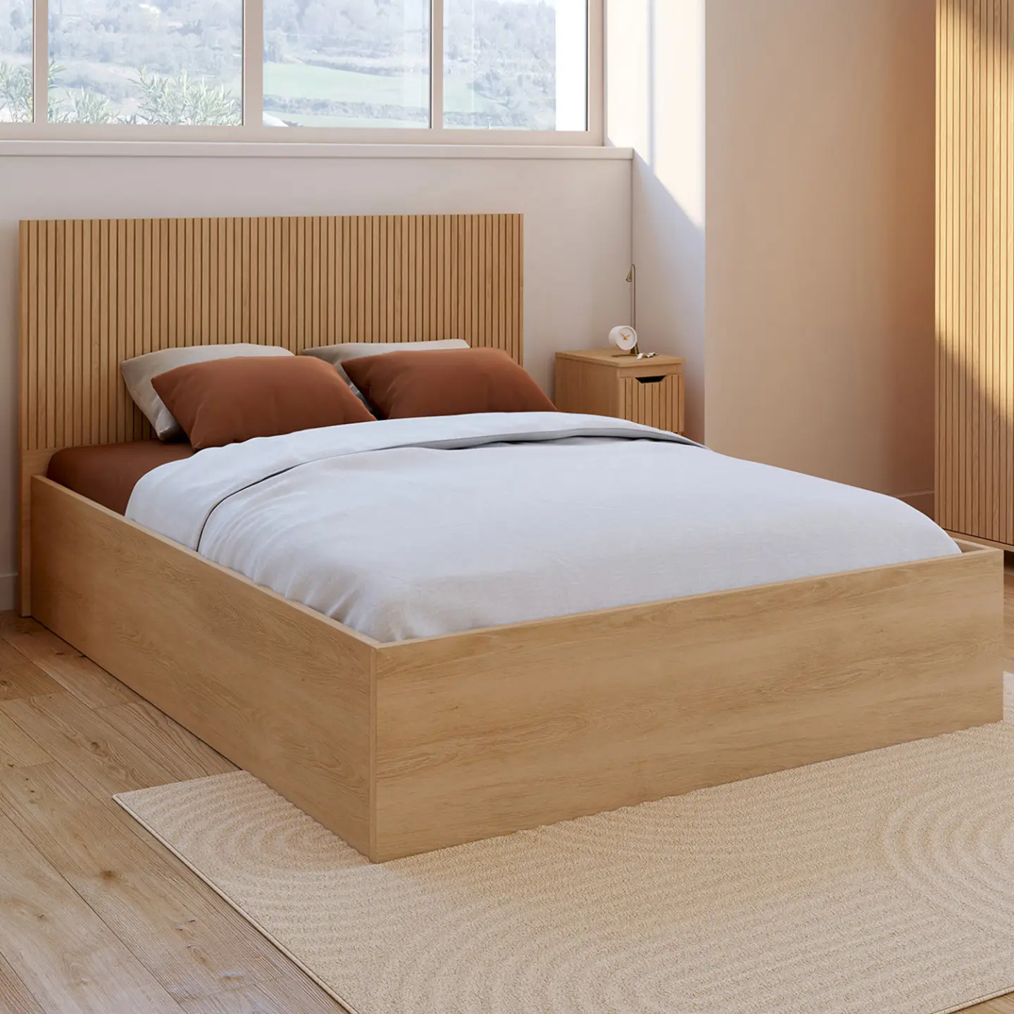 Lit coffre double SEASIDE avec tête de lit JULIETTE et sommier 140 x 190 cm effet lattes et bois
