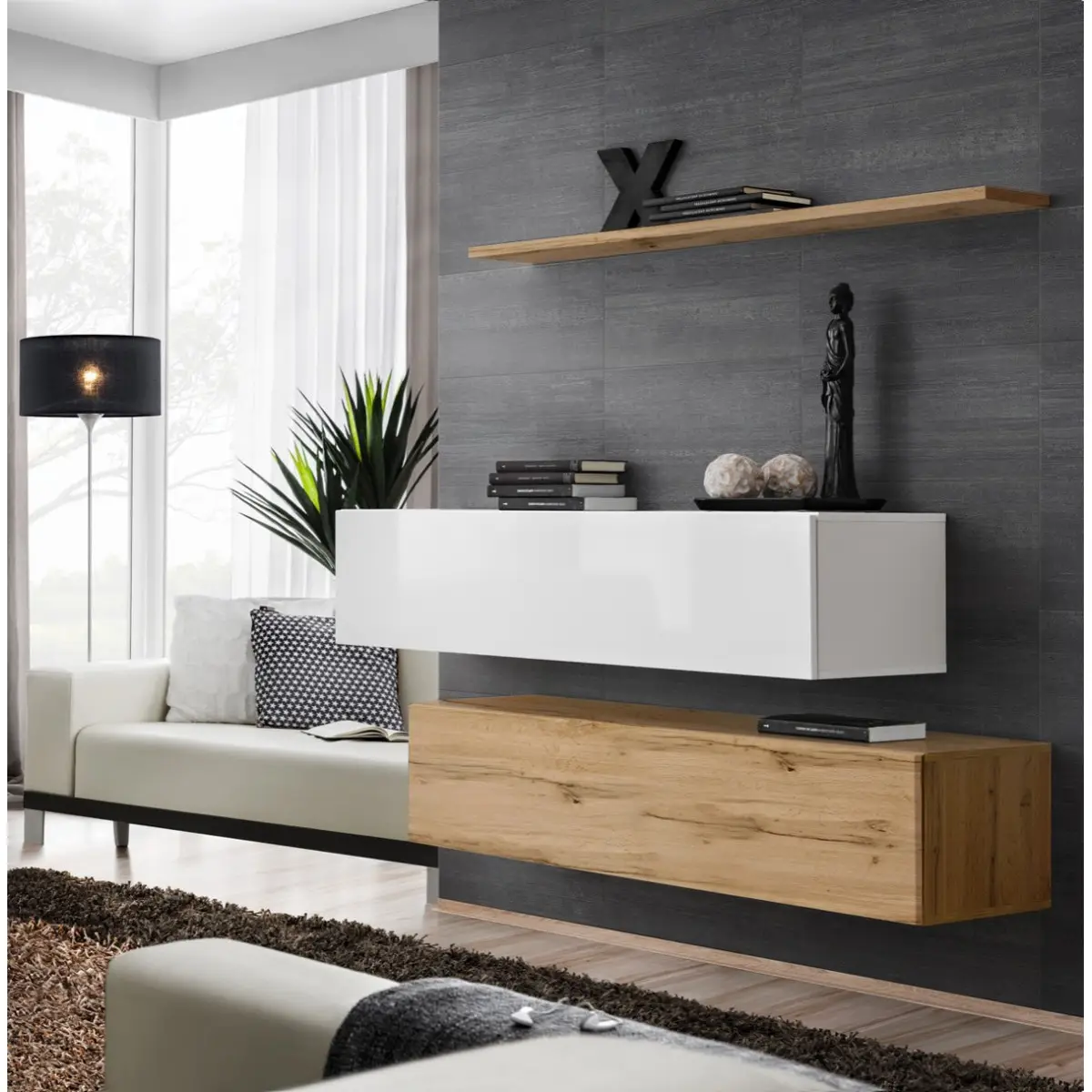Lot de 2 Bancs Muraux & Étagère «Switch SBII» 130cm Naturel & Blanc