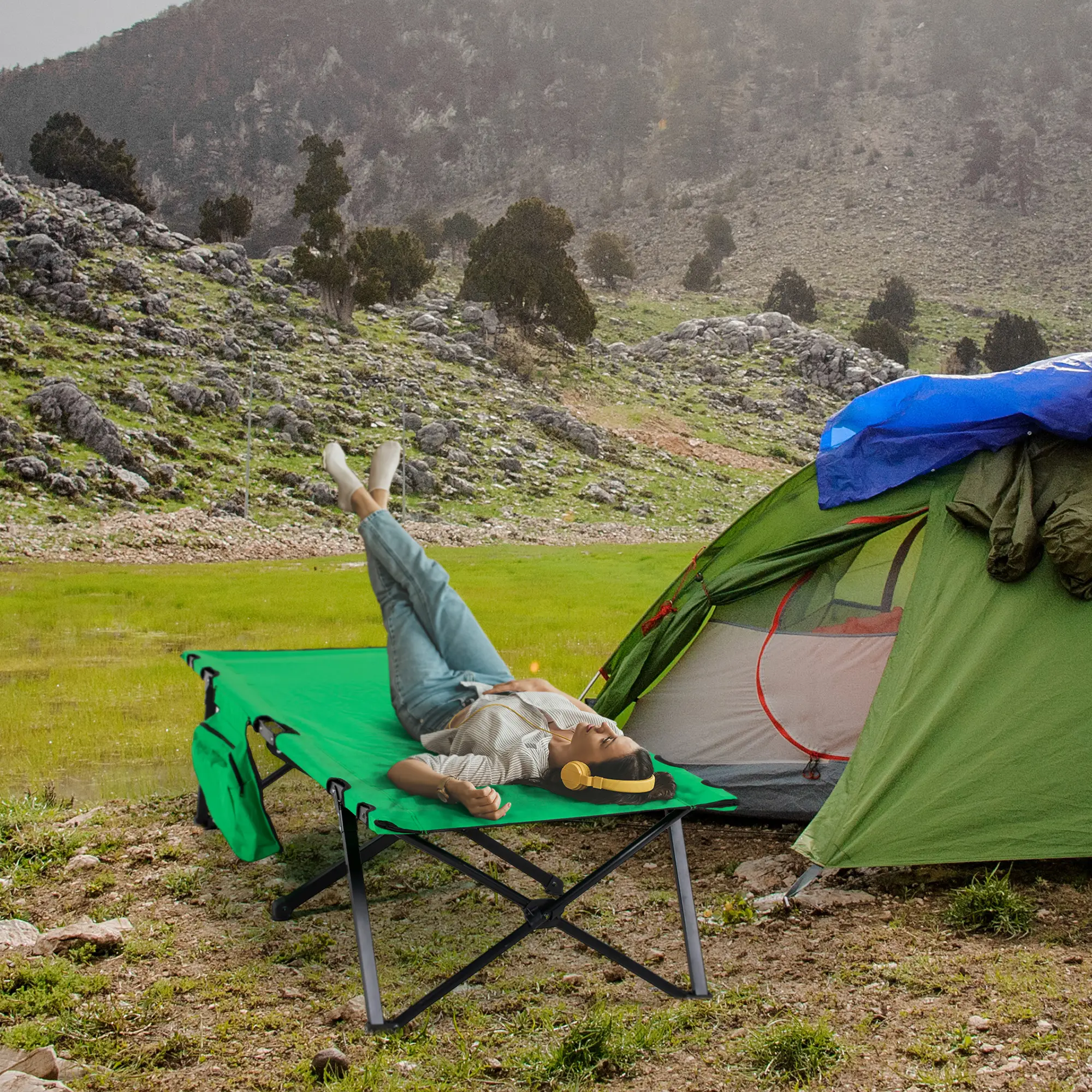 Lit de Camp Pliant Acier Oxford Camping Randonnée Poche Latérale 195cm Vert – ComfortXL Outdoor Living