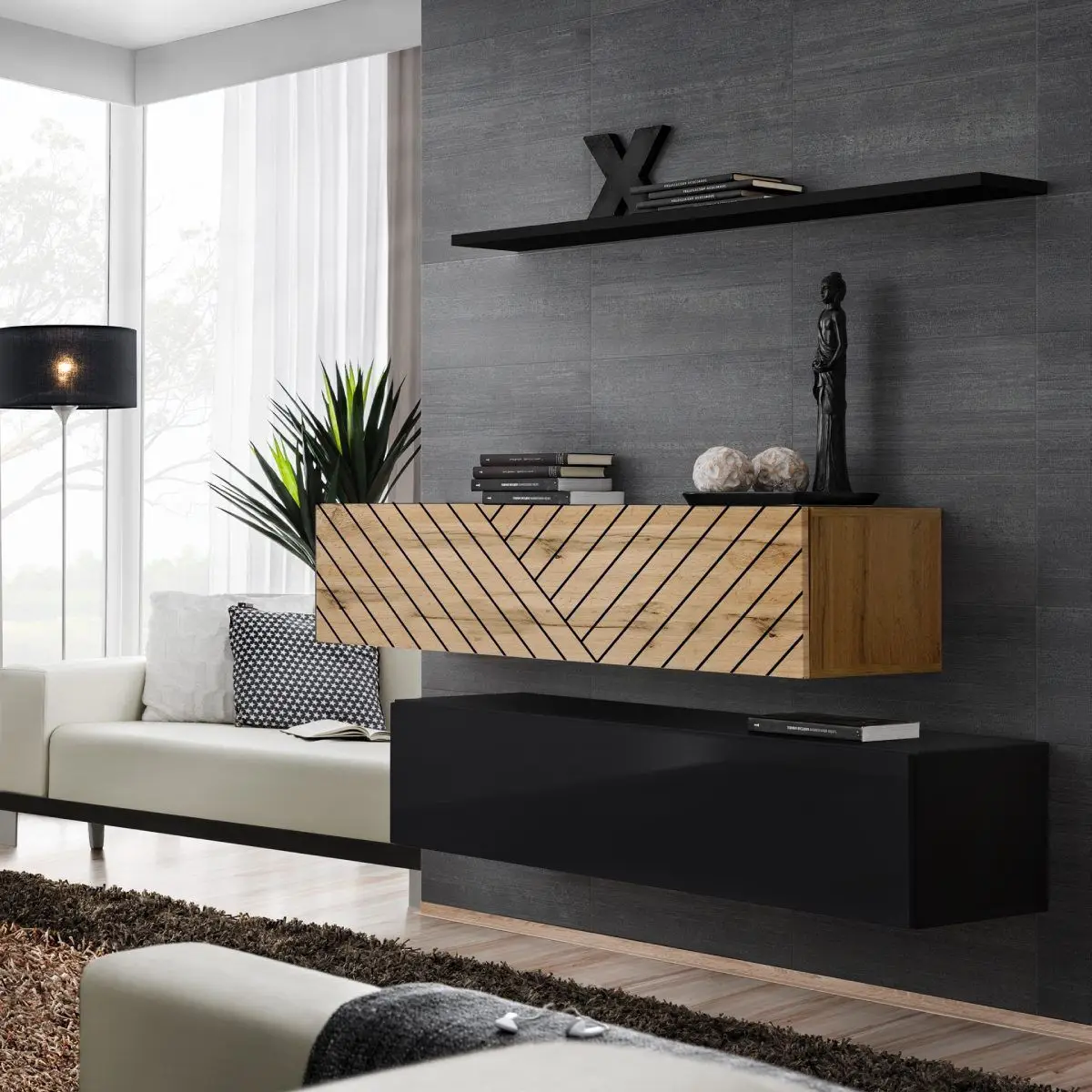Lot de 2 Bancs Muraux & Étagère «Switch SBII» 130cm Noir & Naturel Rainuré