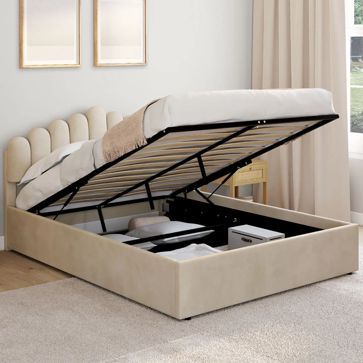 Lit coffre double NOELIE avec tête de lit et sommier 140 x 190 cm velours beige