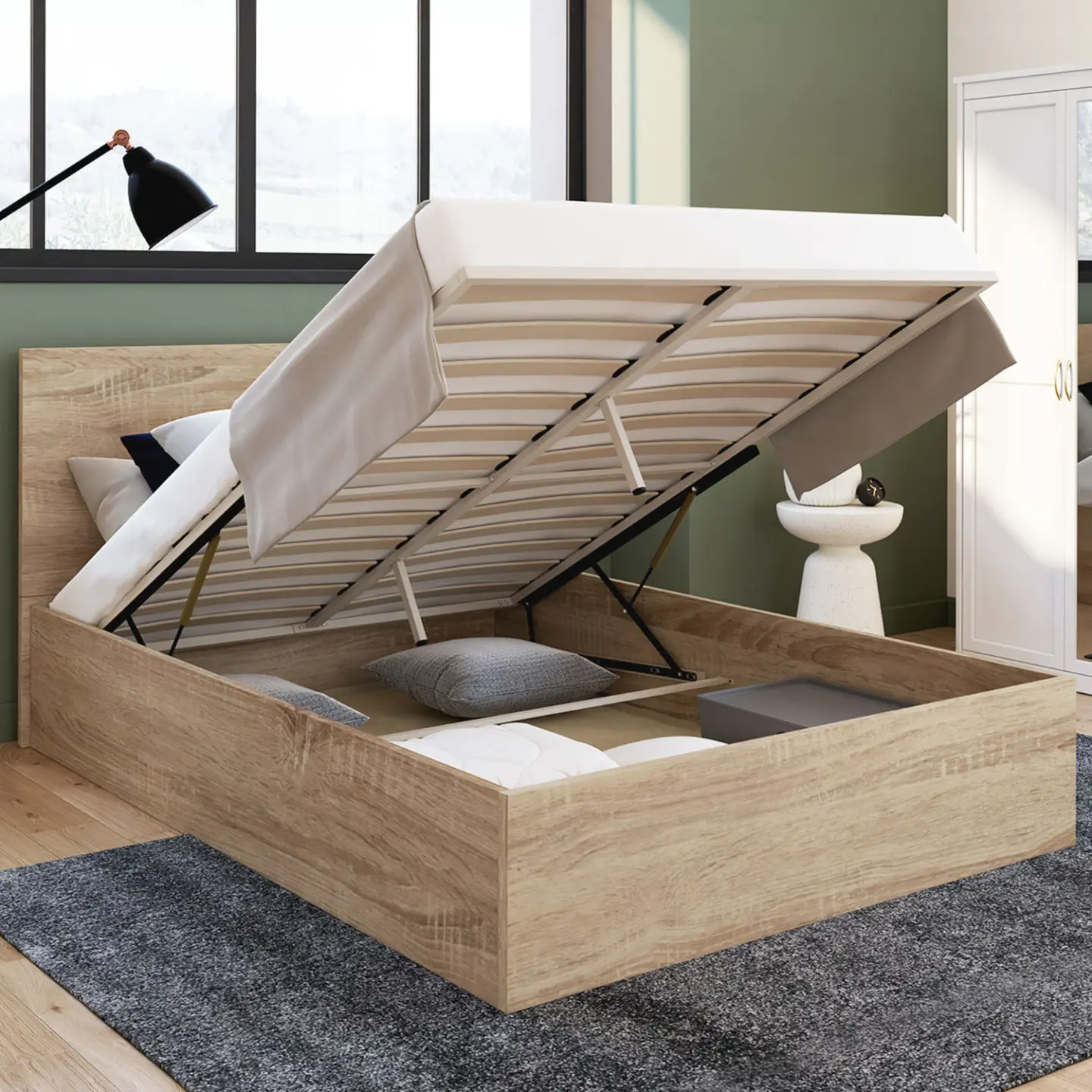 Lit coffre double SEASIDE avec tête de lit et sommier 140×190 cm façon hêtre