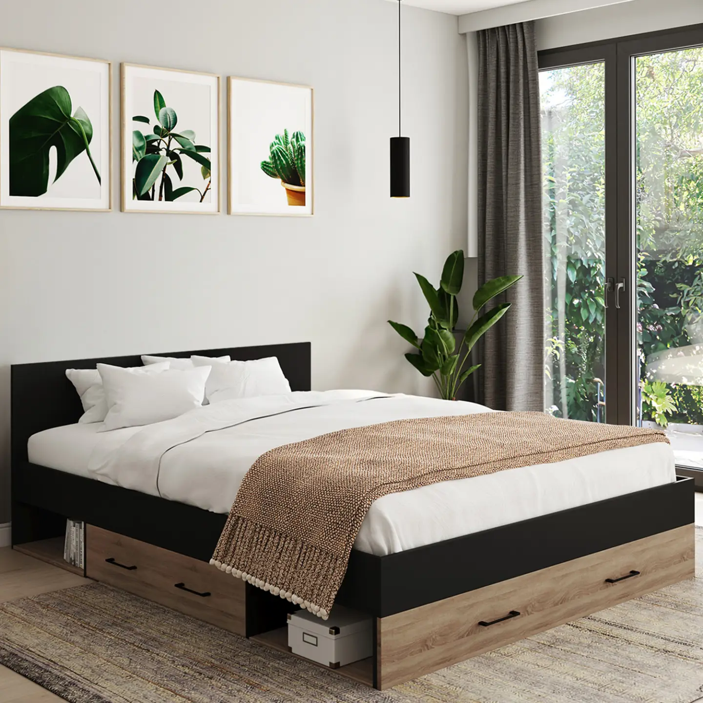 Lit double MINEA avec tiroirs + niches de rangement + tête de lit et sommier 140 x 190 cm façon hêtre et noir