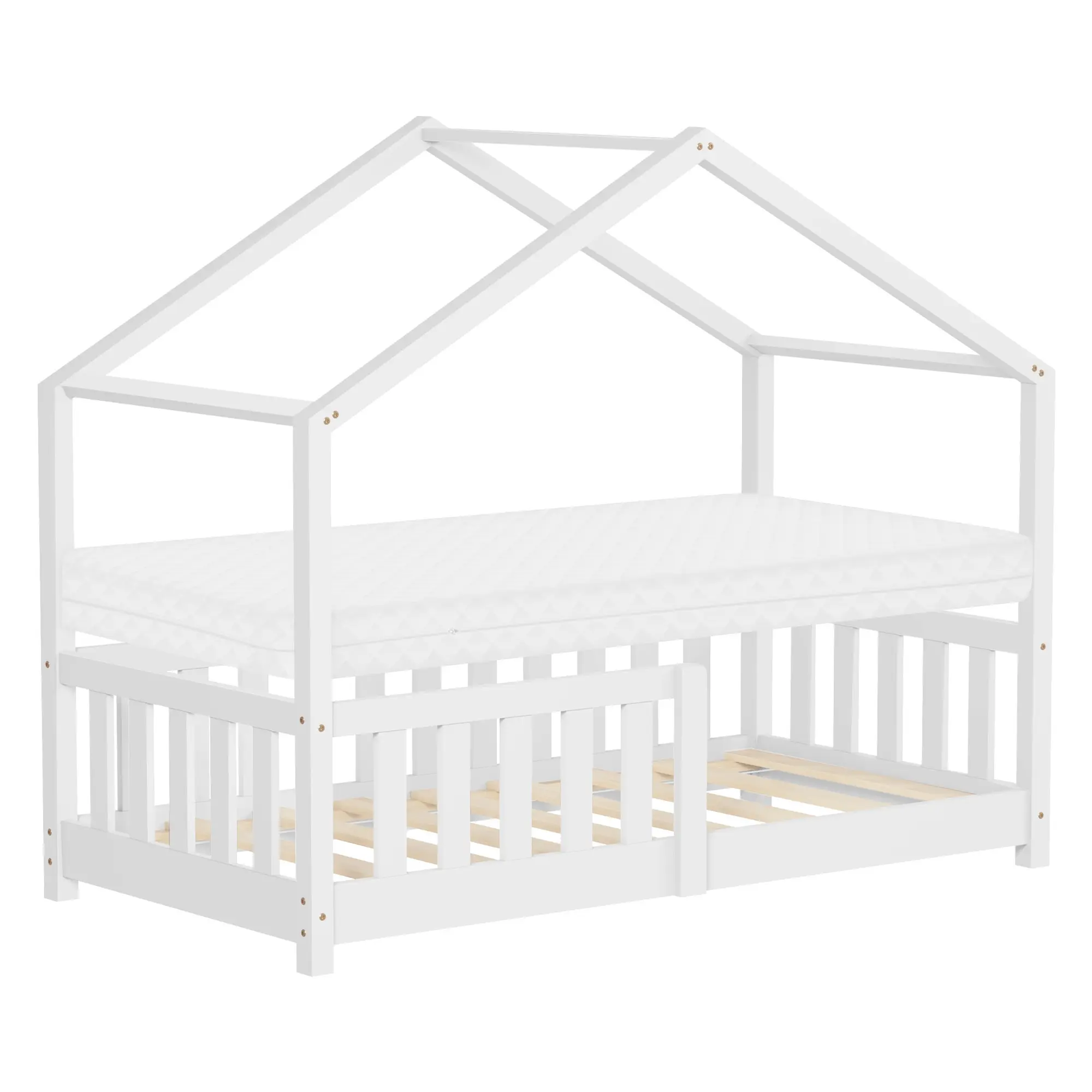 Lit cabane enfant 70×140 cm blanc en pin massif avec matelas, antichute, toit et sommier à lattes, couchage au sol Montessori pour chambre