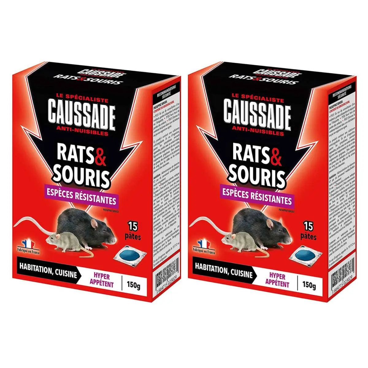 Lot de 2 boites Raticide Rats & Souris – Pat’Appât Espèces résistantes , boite de 150grs ( 15x10grs)