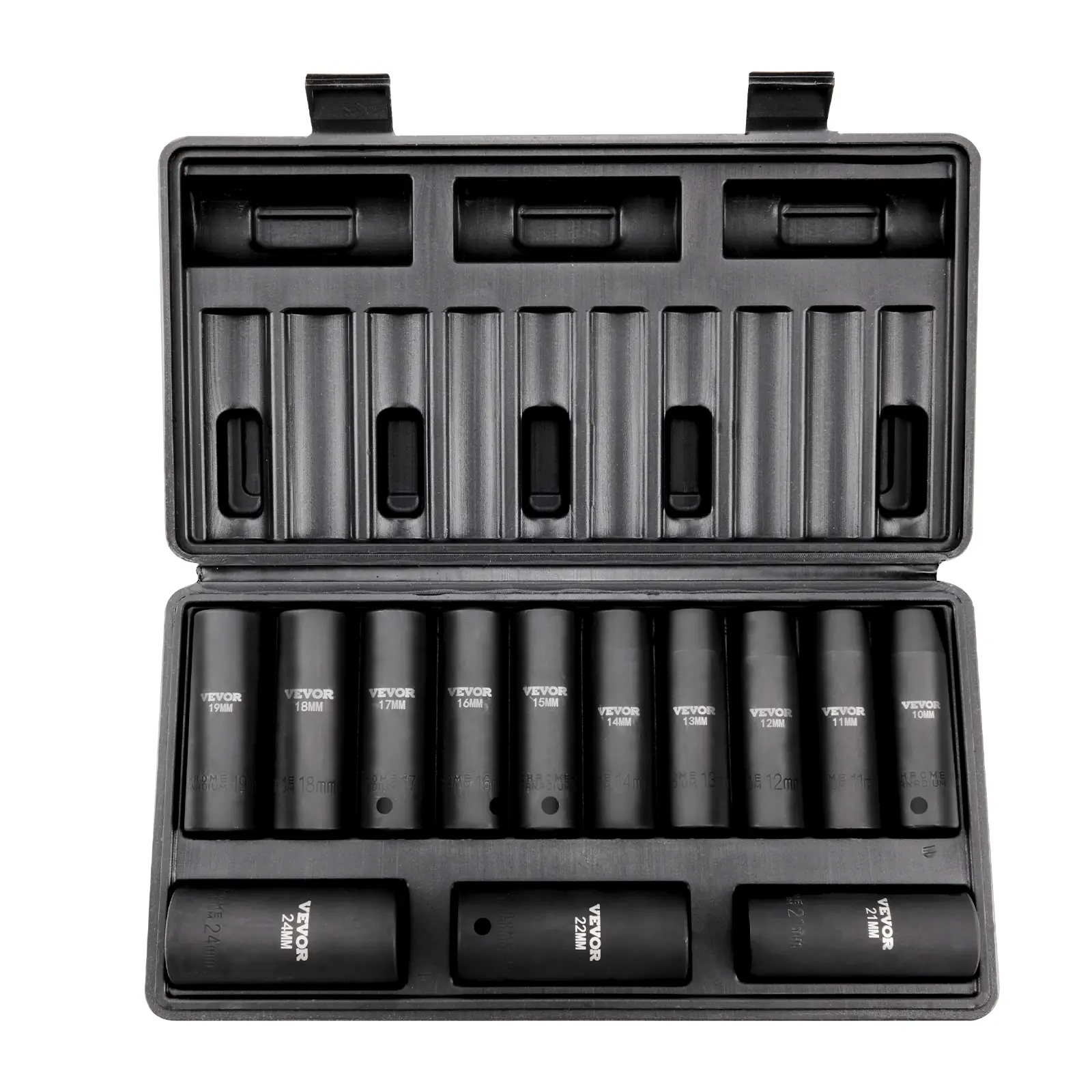 VEVOR Jeu douilles choc 1/2″, 13 pièces, métrique 10-24 mm, CR-V, HRC 42-48. Mallette.
