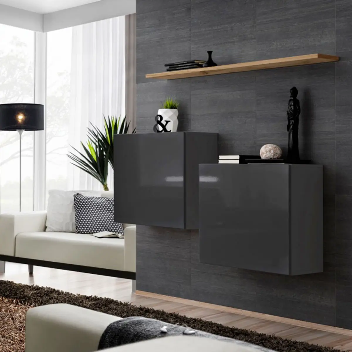 Lot de 2 Blocs & Étagère «Switch SBI» 130cm Gris & Naturel