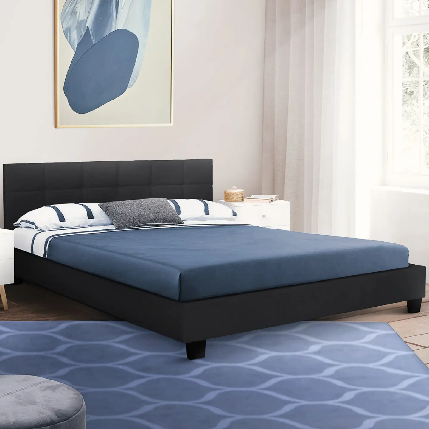 Lit double CHARLOTTE avec tête de lit et sommier 140 x 190 cm PVC noir