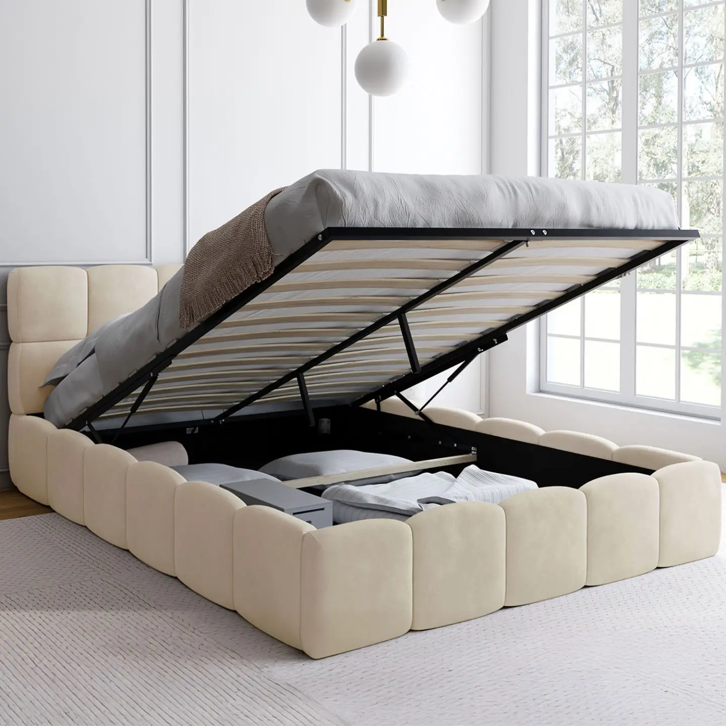 Lit coffre double NUAGE avec tête de lit matelassée et sommier 140 x 190 cm velours beige