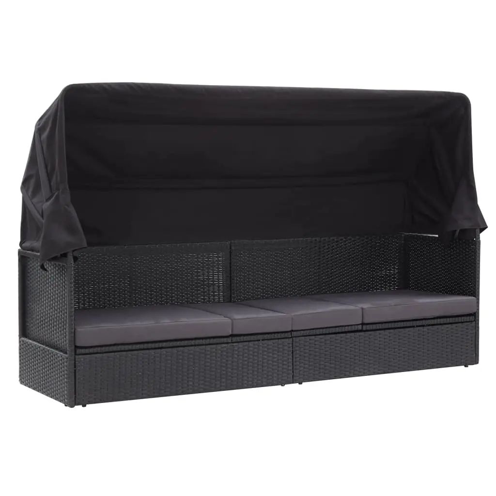 Lit-canapé d’extérieur avec auvent Résine tressée Noir vidaXL 46092