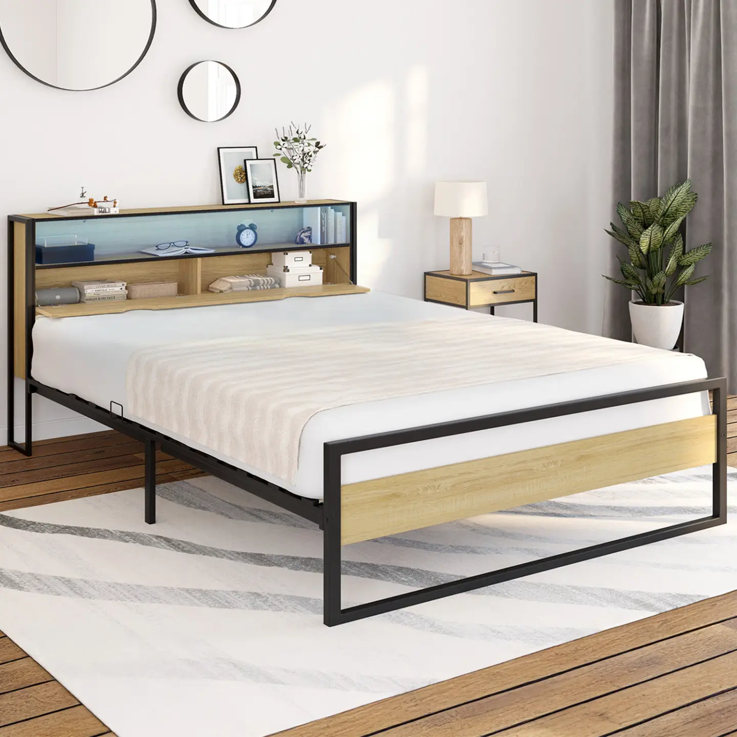Lit double DETROIT LED intégrés dans la tête de lit et sommier 140 x 190 cm effet bois et métal noir design industriel