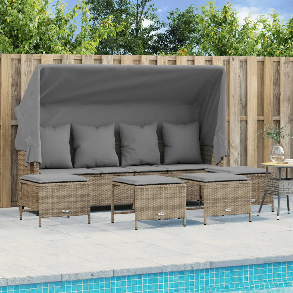 Lit de Jardin 5 Places en Résine Tressée avec Auvent et Dossier Réglable pour Piscine Beige – ComfortXL Outdoor Living