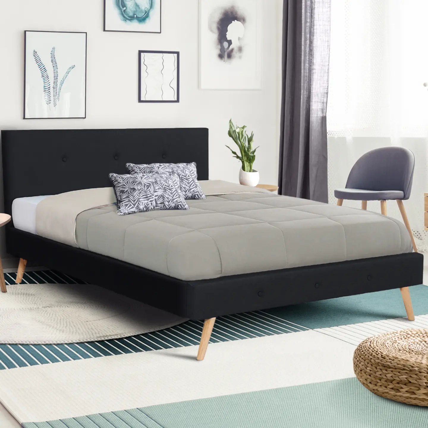 Lit double scandinave OSLO avec tête de lit et sommier 140 x 190 cm tissu noir