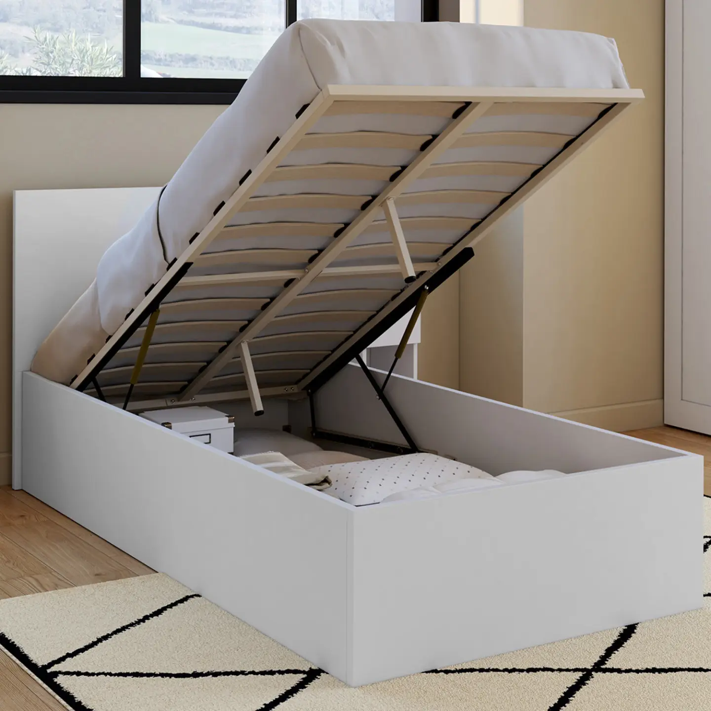Lit coffre simple SEASIDE avec tête de lit et sommier 90 x 190 cm blanc