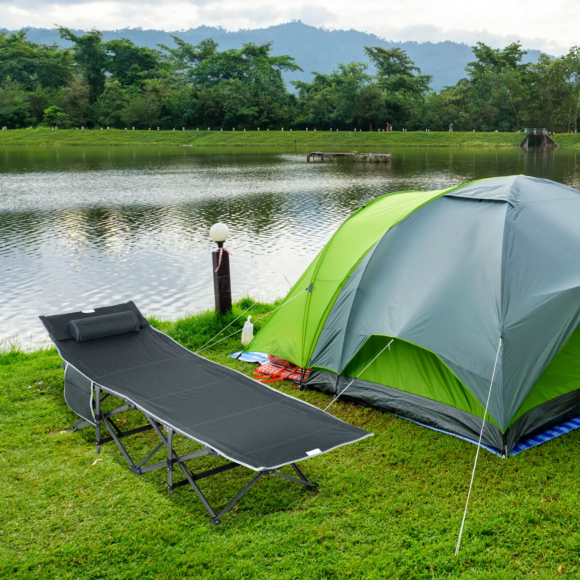 Lit de Camp Pliable Métal et Oxford Camping Matelas Réversible Poche 188cm Gris – ComfortXL Outdoor Living