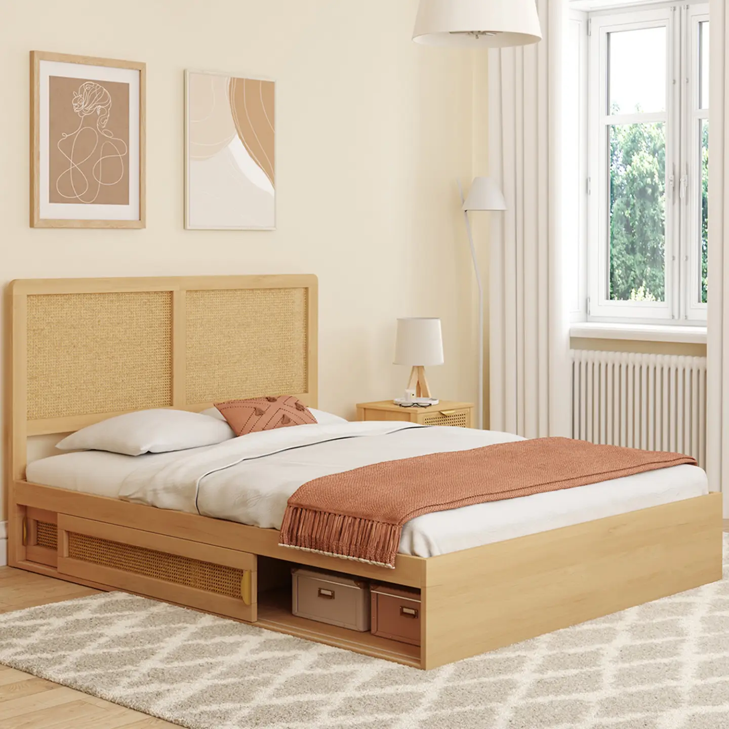 Lit double EDHEN avec rangements + tête de lit effet cannage naturel et sommier 140 x 190 cm coloris bois
