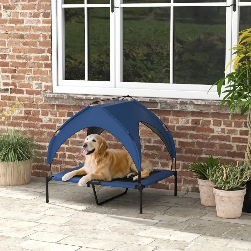 Lit Chien Surélevé avec Toit Tissu Oxford Jardin Pare-Soleil 91x76cm Bleu – ComfortXL Pet Living