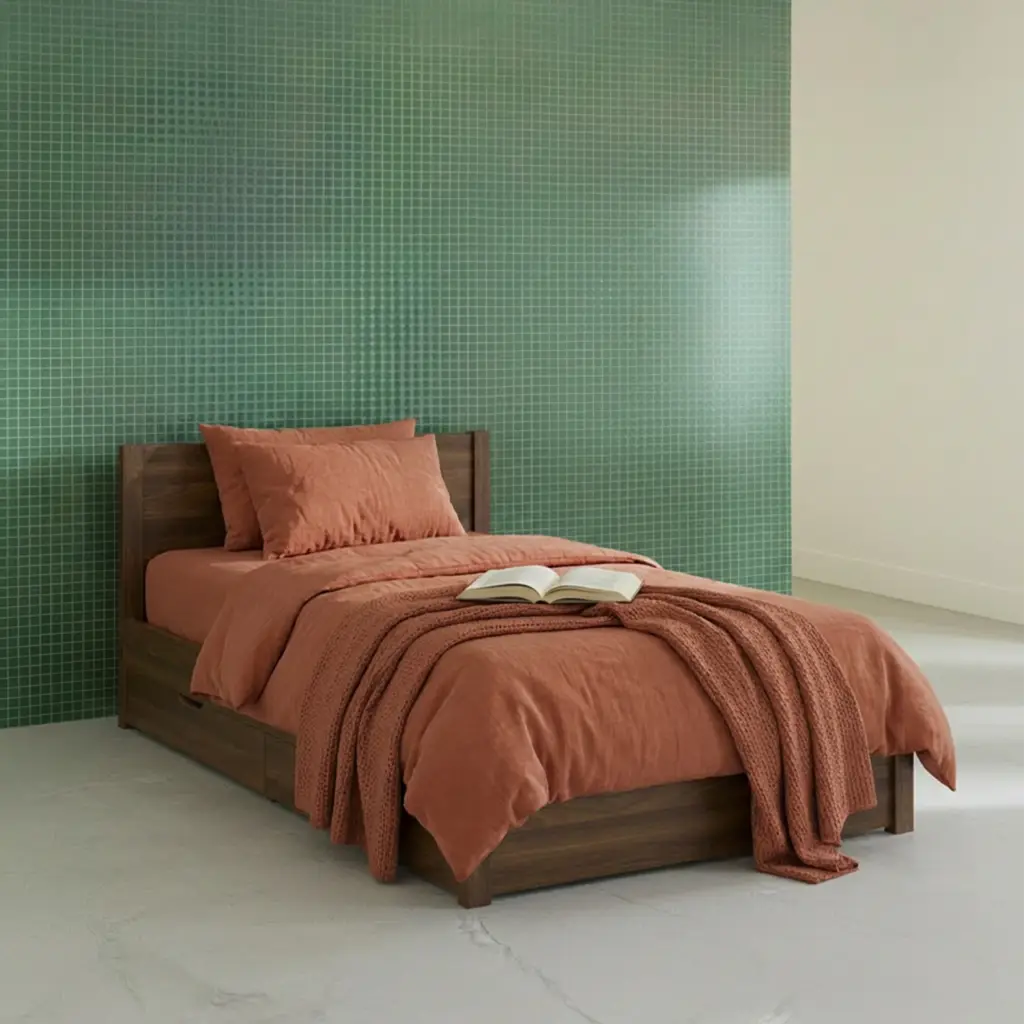 Lit avec sommier à lattes et tête de lit 90 x 190cm + 4 tiroirs décor bois noyer – Nepal | sweeek