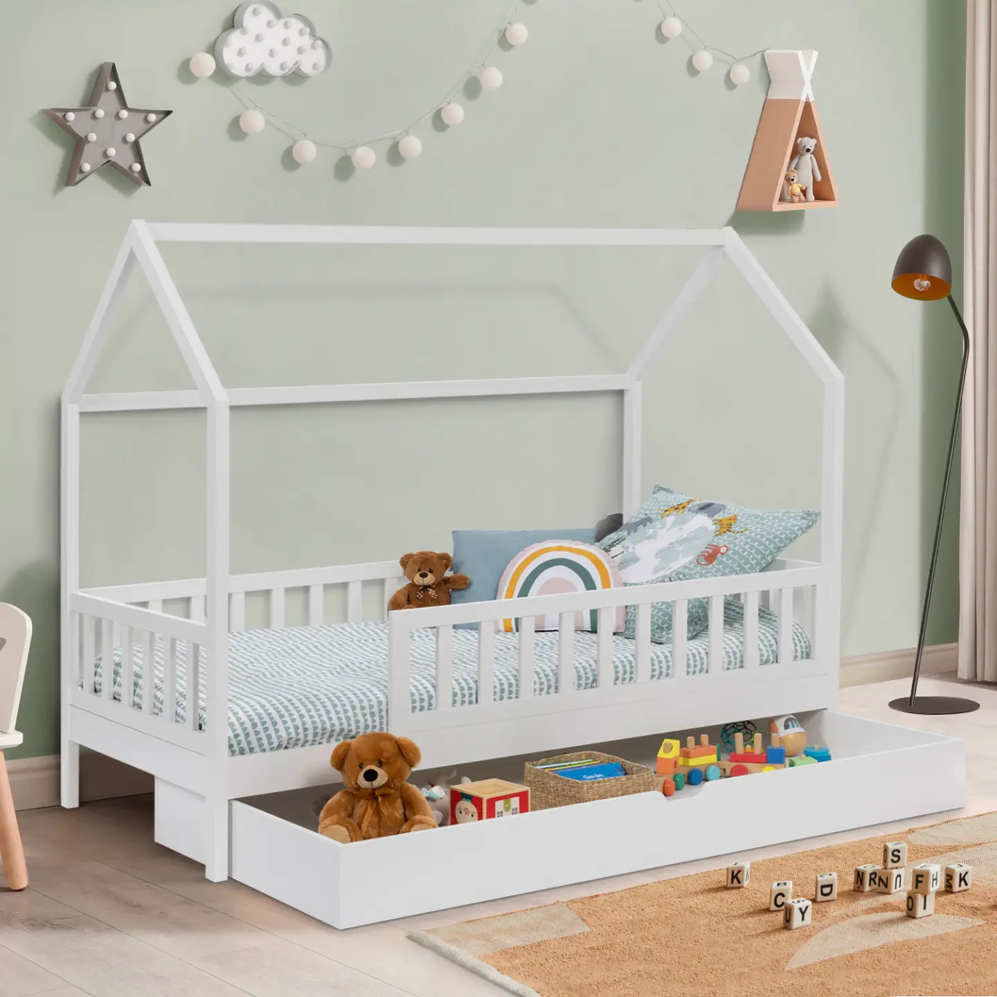 Lit cabane enfant 80 x 160 CM NEREE blanc avec 1 tiroir gigogne et de rangement