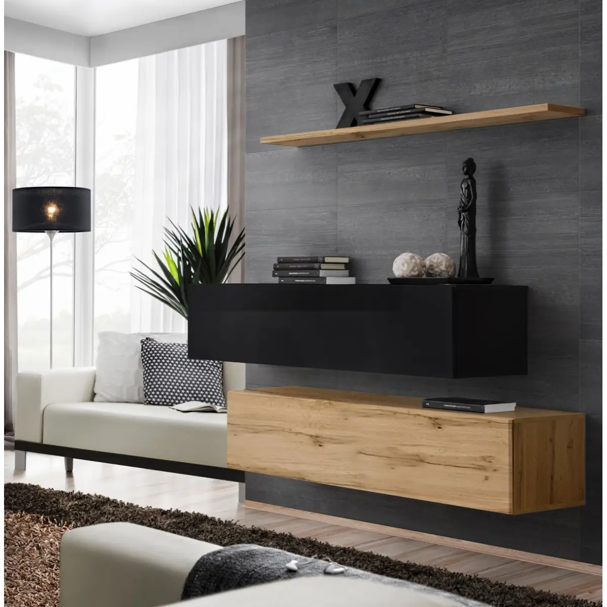 Lot de 2 Bancs Muraux & Étagère «Switch SBII» 130cm Naturel & Noir